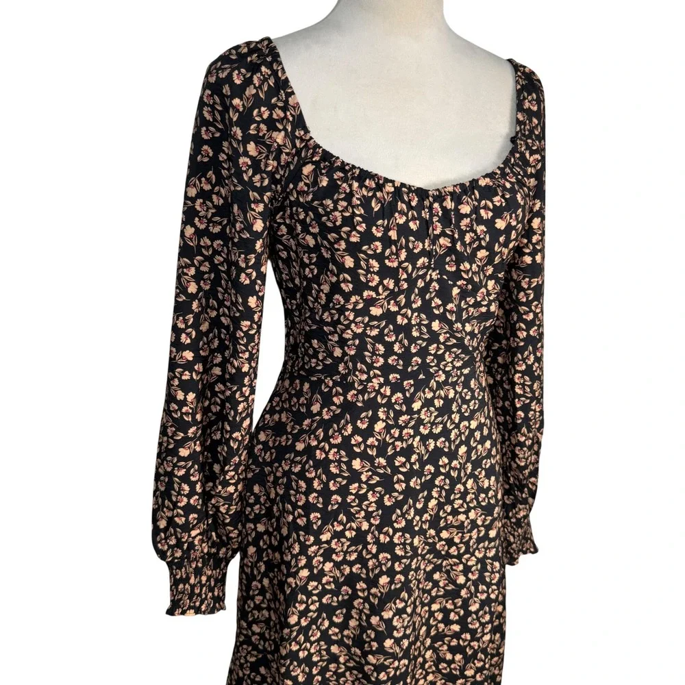 a.n.a Floral Sweetheart Midi Dress Pockets Smocked Balloon Sleeve M Boho Retro - Picture 2 of 16